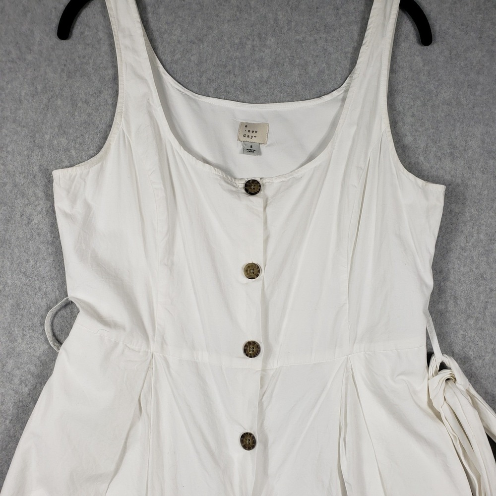 A New Day Women's White Square Neck Button Front Midi Dress w/ Belt SZ 8 Pockets - Picture 8 of 10